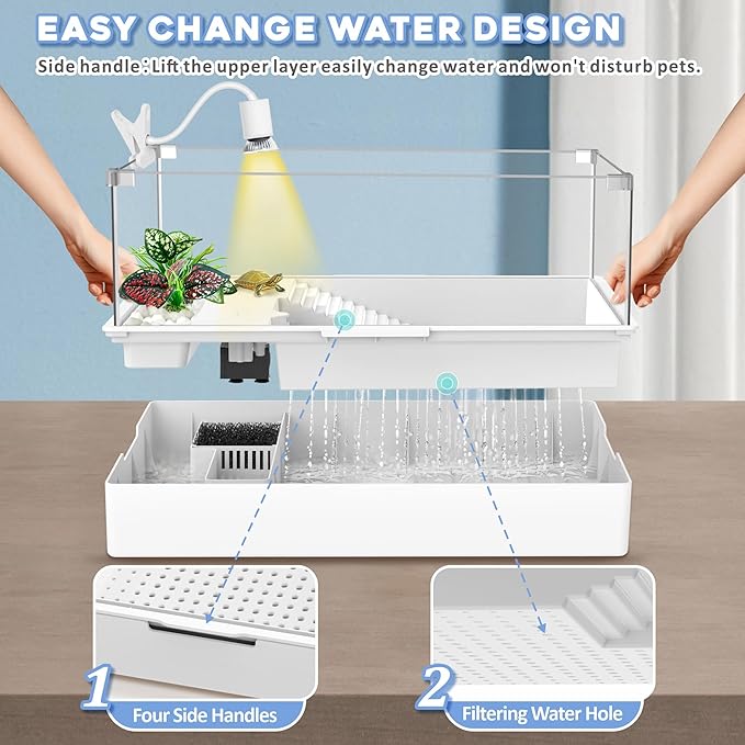 GOZILLA Large Turtle Tank Kit+Water Pump, Acrylic Turtle Tank Starter Kit with Adjustable 5W Water Pump and Two Shower Heads, Multi-Functional Area for Small/Medium Turtles(Large-White Kit)