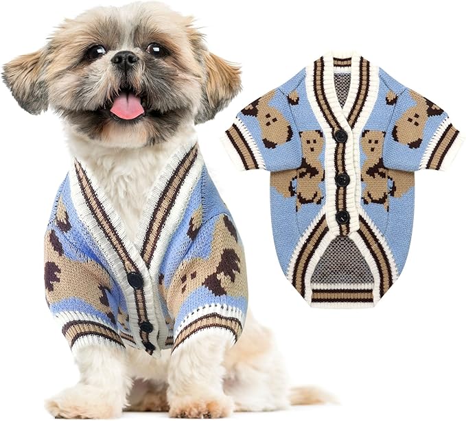 ABRRLO Small Dog Sweaters Cute Bear Dog Cardigans Clothes for Small Medium Dogs Boy Girl Puppy Cat Knitting Cardigan Outfits Dogs Winter Coats Warm Pet Doggy Clothes Soft Knitwear Apparel (Blue,L)