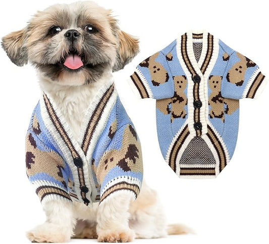 ABRRLO Small Dog Sweaters Cute Bear Dog Cardigans Clothes for Small Medium Dogs Boy Girl Puppy Cat Knitting Cardigan Outfits Dogs Winter Coats Warm Pet Doggy Clothes Soft Knitwear Apparel (Blue,L)