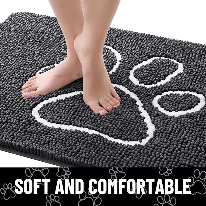 Smiry Dog Door Mat for Muddy Paws, Absorbent Dirt Trapper Non Slip Quick Dry Washable Chenille Mat for Mud Dogs, Entry Rug for Indoor and Outdoor (47x17 Inches, Dark Grey and White)