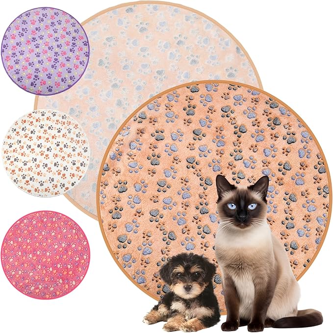 Tatuo 4 Pcs Dog Blanket for Pet Cat Blankets Indoor Puppy Teething Stuff Toys Paw Print Fleece Blanket Warm Sleep Mat for Guinea Pig Cage(White, Coffee, Pink, Purple,29 x 29 Inches,Round)