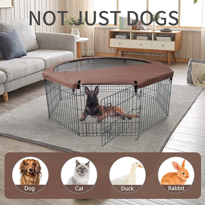 NEZUC Foldable Metal Dog Exercise Playpen Gate Fence Dog Crate 8 Panels 24 Inch Height Puppy Kennels with Top Cover/Bottom Pad for Animals Outdoor Indoor (Playpen+Bottom Pad, Brown, 24" H)