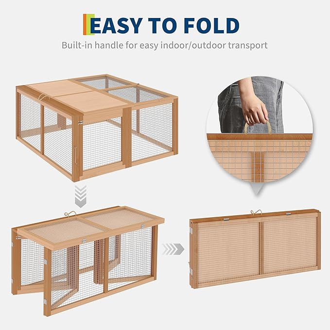 GarveeHome Folding Chicken Coop Run Rabbit Hutch, Portable Wooden Chicken Cage Pens with Top & Side Opening Doors, Small Animal Poultry Pet Cage for Outdoor, Indoor, No Assembly Required, Dark Oak+Oak
