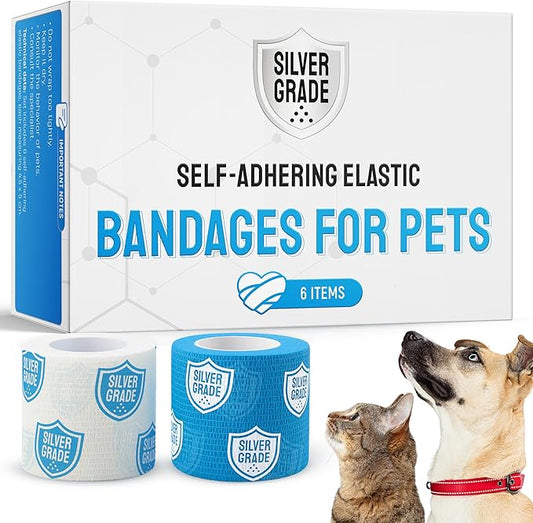 SILVER GRADE Set of 6 Elastic Self-Adhesive Bandages – Cat & Dog Bandages for Wounds from Natural Rubber Latex – Breathable Dog Paw Bandage for All Breeds Care – 2-inch Rolls