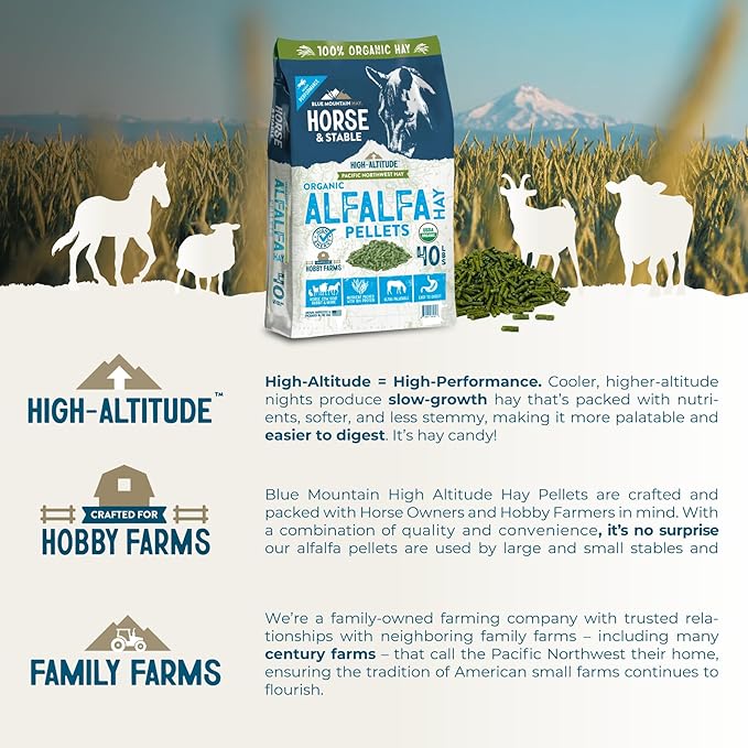 Blue Mountain Hay High Altitude Organic Alfalfa Hay Pellets (40 lb), Ultra Premium Nutrient Dense Forage, Small Quick Soaking Low Dust Pellets, Easy to Measure, Automatic Feeder Friendly