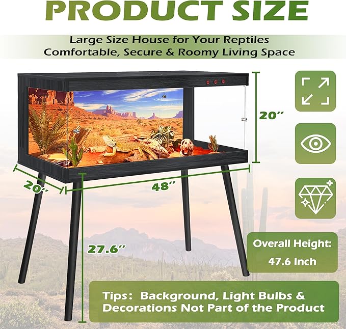 Royxen Bearded Dragon Tank, 82 Gallon Reptile Tank with Leg Stand,Built-in Lighting Reptile Enclosure, Tempered Glass Bearded Dragon Encloure for Chameleon (Black,48"x 20"x 20")