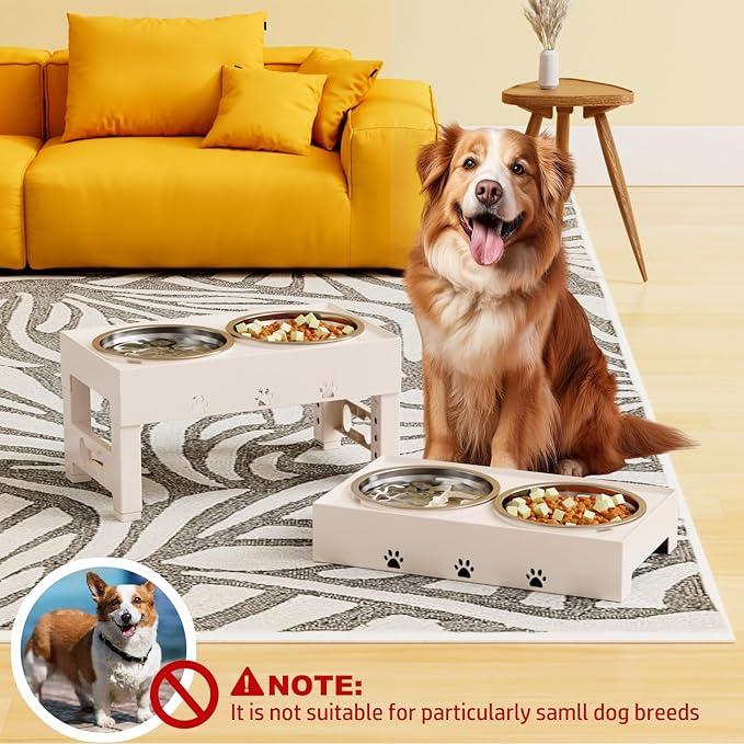 LAKIPETN Elevated Dog Bowls with Mat, Raised Dog Food Bowl Stand with 2 Stainless Steel Bowls, 5 Height Adjustable (3.1", 9", 10", 11", 12") Non-Slip Feeder Set for Medium and Large Dogs – Apricot
