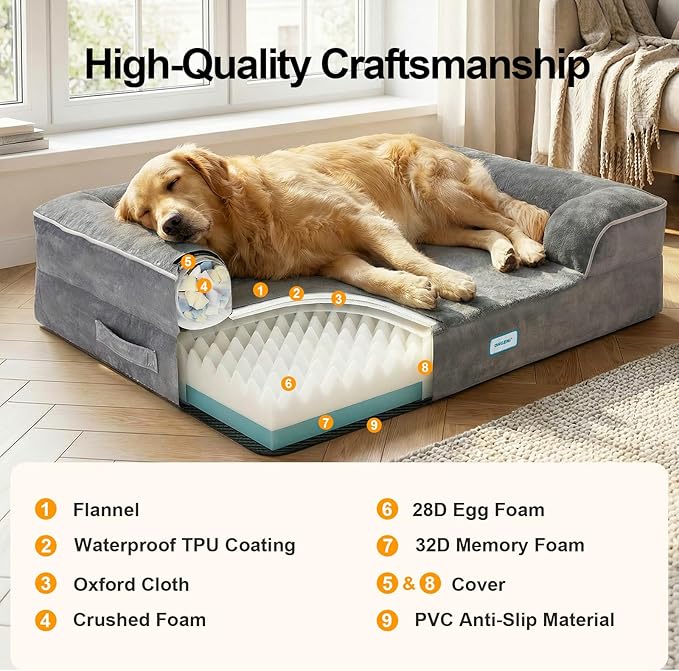 OhGeni Orthopedic Dog Bed Couch Big Cat Sofa for Extra Large Sized Pets with Memory Foam, Machine-Washable Waterproof Removable Cover, Soft Comfortable Fabric, 41-inch (Gray)