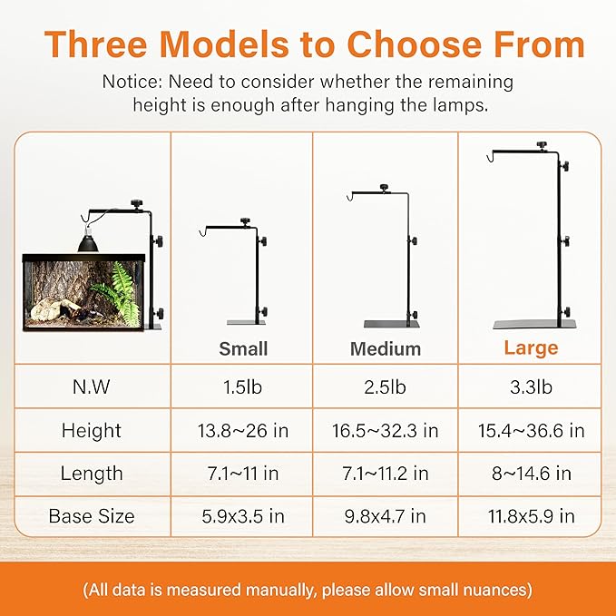Simple Deluxe Height Adjustable Reptile Lamp Stand Metal Floor Light Holder Basking Lamp Support Bracket, for Terrarium Heating Light and Dome lampshade, Large,Black