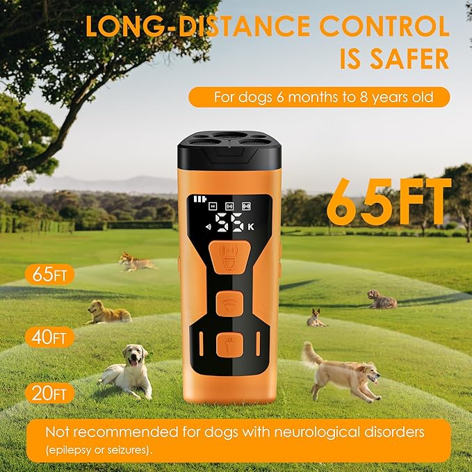 Dog Bark Deterrent Devices, 3X Ultrasonic Anti Barking Device for Dogs, 4 Frequencies 5 Training Modes 65ft Safer Alternatives to Bark Collars, Portable Design with Display for All Dogs (Orange)