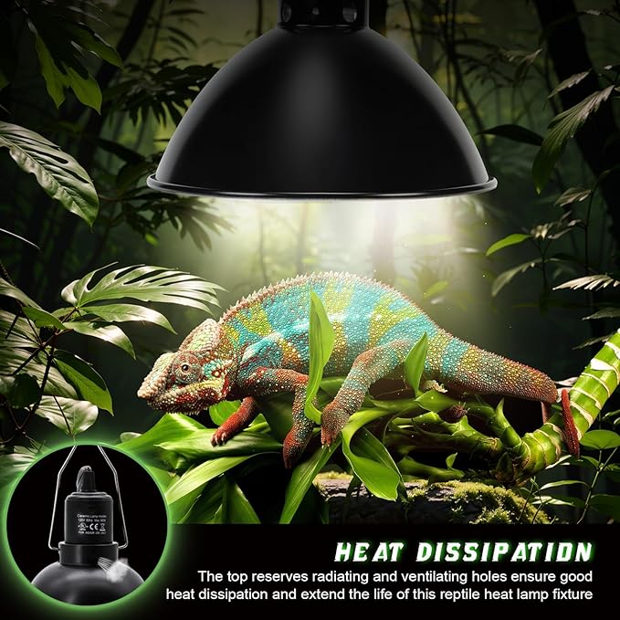 MECESOR Reptile Light Fixture with Thermostatic Timer, 8.5 Inch Deep Dome Lamp Cap Reptile Heat Lamp Fixture with Separate Switches, Terrariums Light Fixture for Ceramic Heating Lamp Bulb