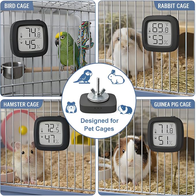 Bird Cage Thermometer,Parrot Cage Hygrometer,Pet Cage Temp Humidity Gauge,Easily Mounts on Cage,Clear Temp & Humidity,°F/°C Switch,for Bird,Hamsters,Rabbits,Guinea Pigs,and Other Pet Cages (Black)