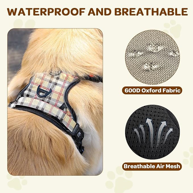FURRYFECTION Plaid Dog Harness for Large Dogs, Reflective No Pull Adjustable Pet Vest with Front Clip, Leash, Easy Control Handle and Seat Belt, Beige&White, XL