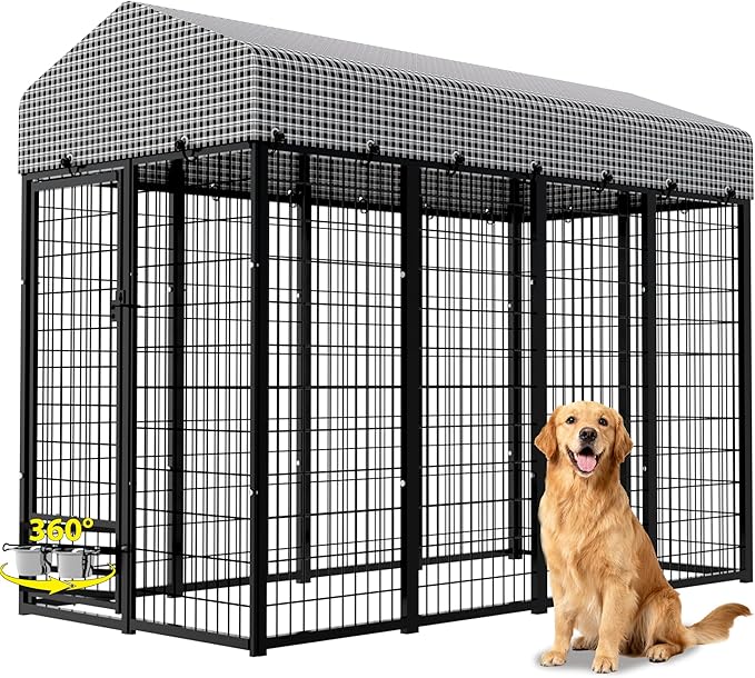 Outdoor Dog Kennel for Large Dogs, Dog Playpen Run Fence House for Yard, Heavy Duty Dog Kennel Outside with Feeding Door & Roof Cover(8'L x 4'W x 6'H)