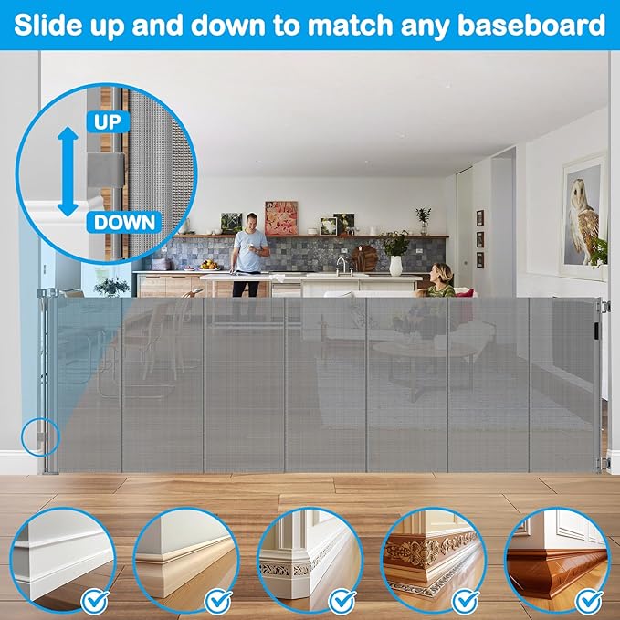 Reinforced 42" Extra Tall X 159" Extra Wide Baby Gate Retractable Baby Gates Prevent Babies and Dogs from Squeezing Through Tall Retractable Dog Gate Outdoor 13.25ft Long Child Gates for Doorways,Gray