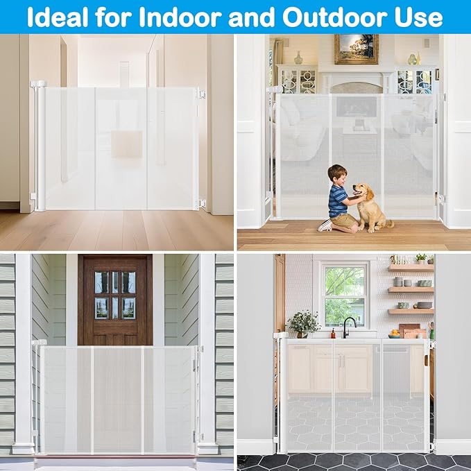 Reinforced 42" Tall X 80" Wide Retractable Baby Gate for Doorway 3.5ft Extra Tall Cat Gate for Stairs Indoor Retractable Baby Gates Extra Wide with Reinforced Bar Mesh Gates for Kids or Pets, White