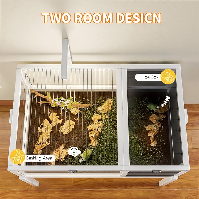 Reptile Habitat Tortoise House with Lamp Holder, Large Observation Window, 2 Waterproof Tray, Detachable Legs, Easy to Clean Wooden Enclosure for Turtles, Lizards, Geckos, and Small Pets Indoor Outdoo