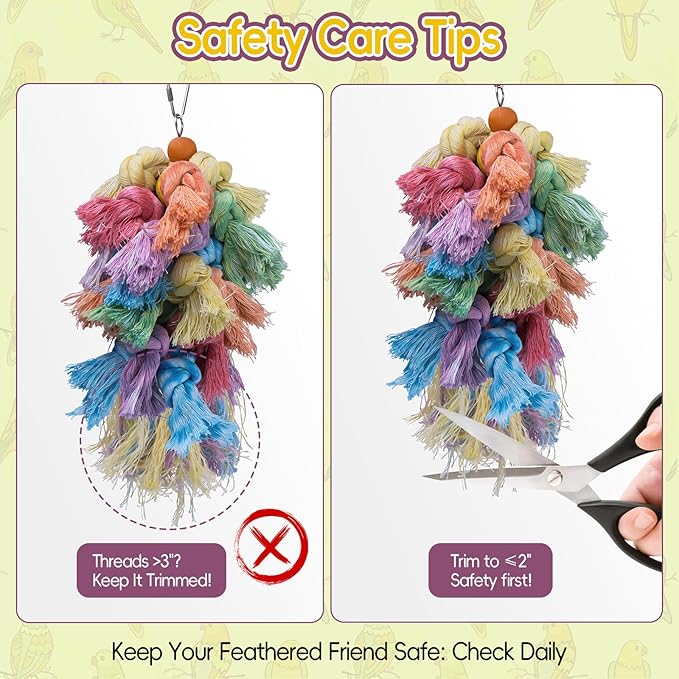 Bird Toys for Parrots - Natural Cotton Rope Preening Toy, Hanging Bird Toys for Cockatiels, Conures, Parakeets, Enrichment Parrot Toys for Beak & Feather Health