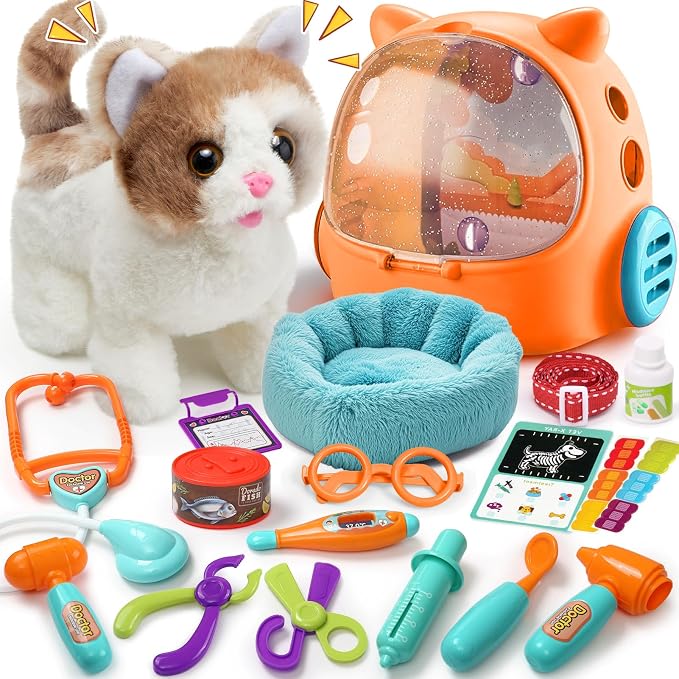 TUZT 17PCS Interactive Cat Toys for Kids, Toys for 3 4 5 6 7 8 Year Old Girls Kids Boys, Walking & Meowing Cat Toy with Sound, Veterinarian Playset for Toddlers, Idea Birthday Gifts for Little Girls by TUZT-US