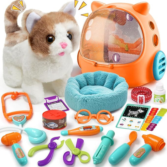 TUZT 17PCS Interactive Cat Toys for Kids, Toys for 3 4 5 6 7 8 Year Old Girls Kids Boys, Walking & Meowing Cat Toy with Sound, Veterinarian Playset for Toddlers, Idea Birthday Gifts for Little Girls by TUZT-US
