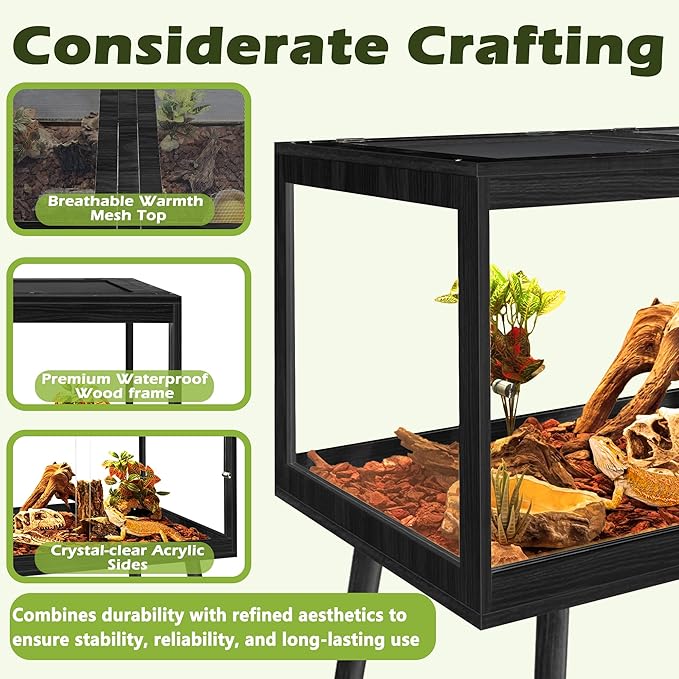 Prolee Bearded Dragon Tank with Leg Stand,Wooden Lizard Tank,Reptile Tank with Metal Mesh Roof Door, Acrylic Panel Snake Tank with Lock Design (Black, 40"x20"x20")