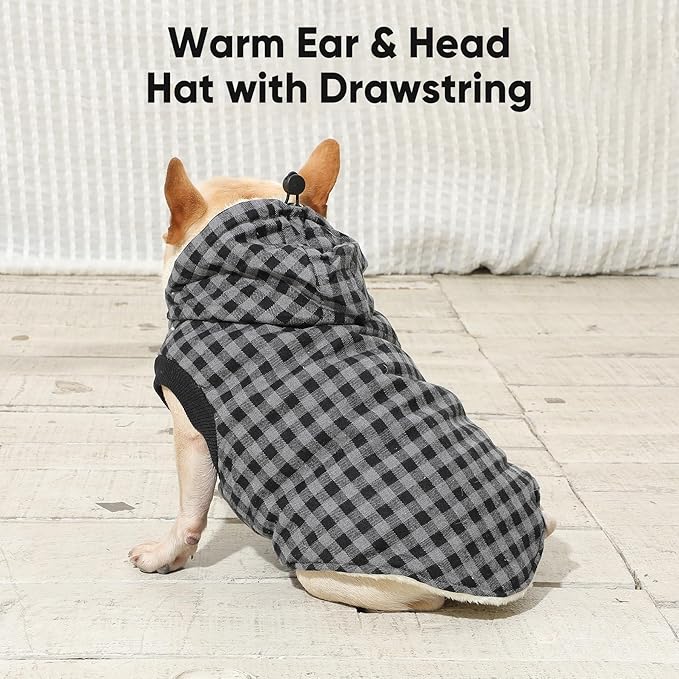 Vecomfy Fleece Lining Dog Hoodie for Small Dogs Extra Warm Plaid Sweater with Drawstring Hooded Coats in Winter Puppy Jacket,Black XS