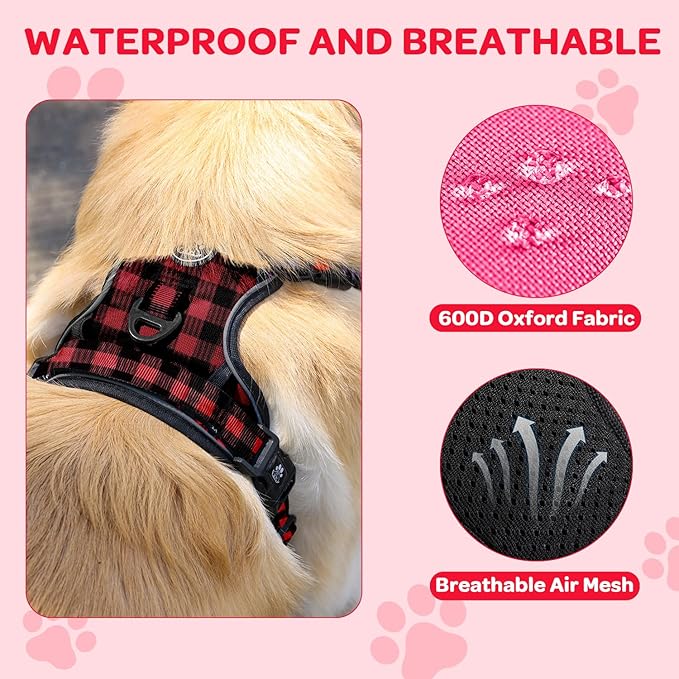 FURRYFECTION Plaid Dog Harness for Large Dogs, Reflective No Pull Adjustable Pet Vest with Front Clip, Leash, Easy Control Handle and Seat Belt, Red&Black, XL