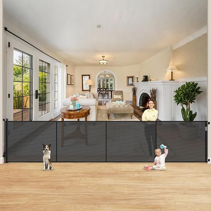 Reinforced 42" Extra Tall Retractable Dog Gate, 200" Extra Wide Baby Gate with Support Rods-Prevent Crawling Through, Outdoor/Indoor Baby Fence/Barrier/Blocker for Home, 16ft Retractable Garage Gate