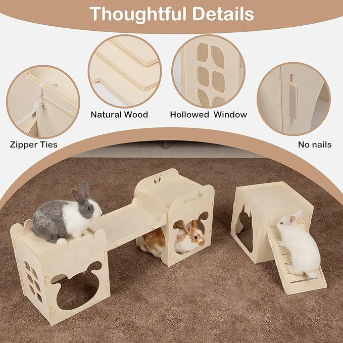 Extra Large Rabbit Castle, Wooden Bunny House & Training Bridge, Detachable Rabbit Hideaway, Indoor Hamster Castle with Ramp, Small Animal Houses & Habitats for Guinea Pig Chinchilla Ferret(2+1 House)