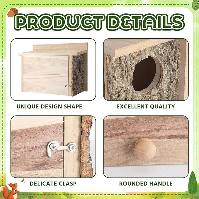 Wonderjune 1 Pcs Large Squirrel Nesting Box Squirrel House for Outside Nesting Hanging Handcraft Thick Wood Winter Chipmunk Outdoor Shelter Garden Yard Support Local Wildlife Easy Install(Horizontal)