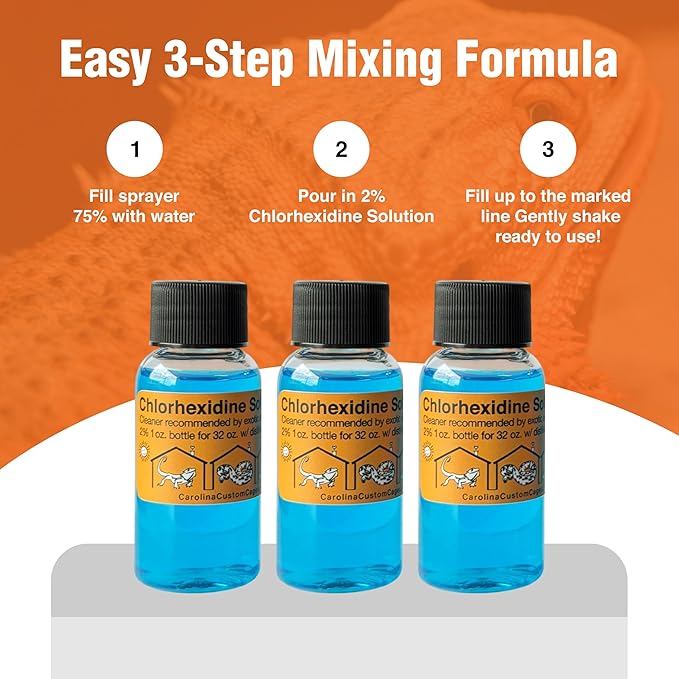 CAROLINACUSTOMCAGES 3 Refills of 32 oz Each, Chlorhexidine Solution 2%, Chlorhexidine Cleaning Solution, Chlorhexidine Spray for Reptile Habitats