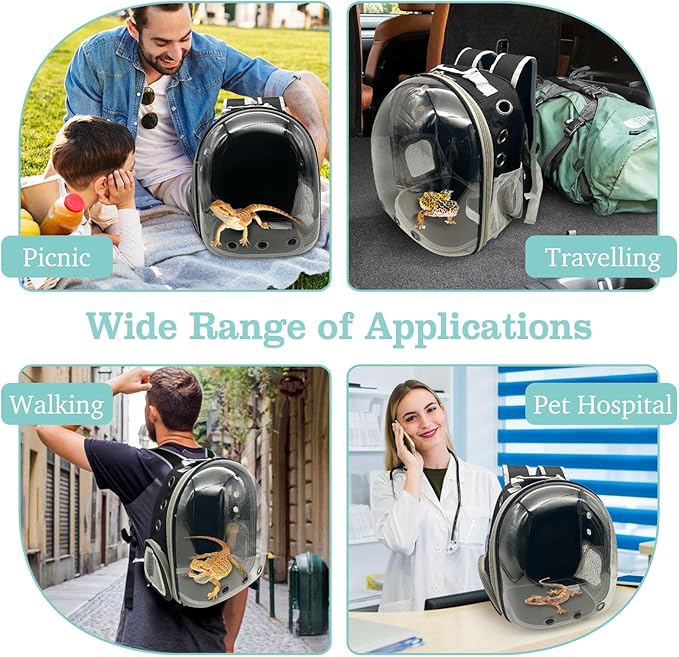 PINVNBY Bearded Dragon Carrier Backpack with Harness and Leash Set Large Reptile Travel Carrier Portable Lizard Backpack Clear Bubble Window Small Animal Carrying Bag for Gecko Kitten Rabbit (Black)