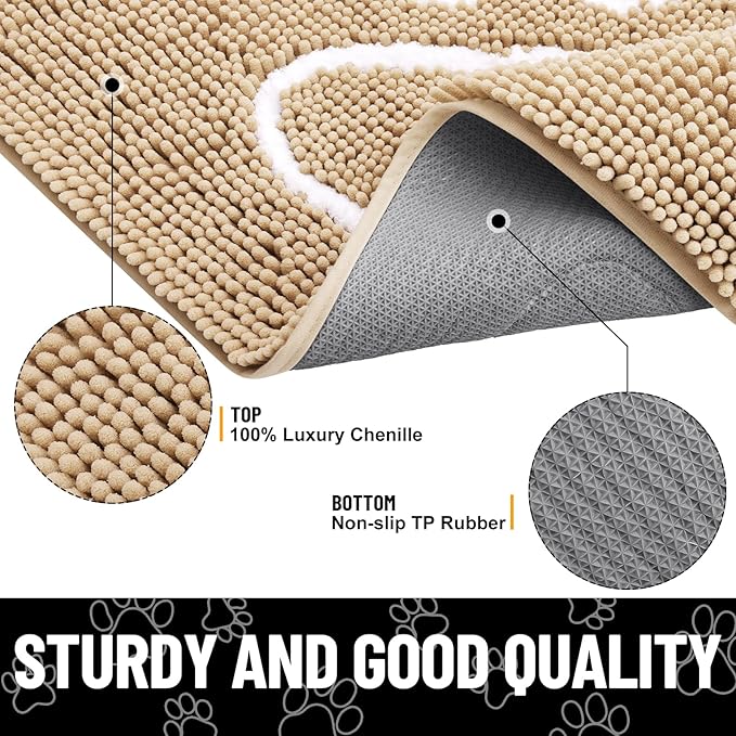 Smiry Dog Door Mat for Muddy Paws, Absorbent Dirt Trapper Non Slip Quick Dry Washable Chenille Mat for Mud Dogs, Entry Rug for Indoor and Outdoor (40x32 Inches, Beige and White)