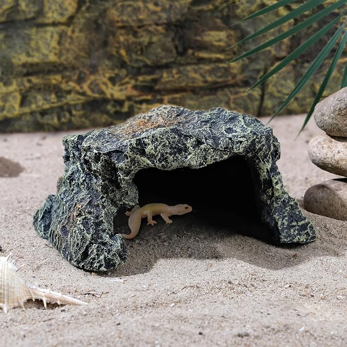 IBWell Resin Reptile Rock Cave, Lizard Tank Décor, Gecko Hide Reptile Hideout for Small Turtle Accessories for Tank, Leopard Gecko, Lazard Hideout
