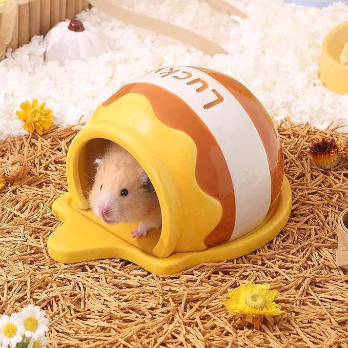 Honey Shaped Ceramic Hamster Hideout - Small Pet Habitat Decor for Syrian & Dwarf Hamsters, Gerbils, Mice, Rats, Toads