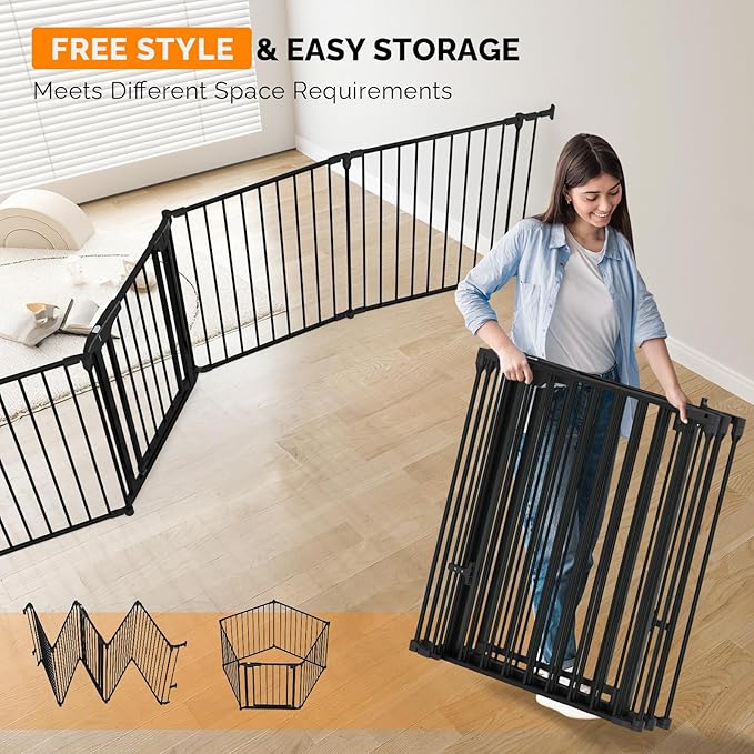 Bonnlo 134 Inches Wide Configurable Baby Gate, Fireplace Safety Fence/Guard, Adjustable 5-Panel Metal Play Yard for Toddler/Pet/Dog, Christmas Tree Fence, Includes 4 Pack of Wall Mounts, Black