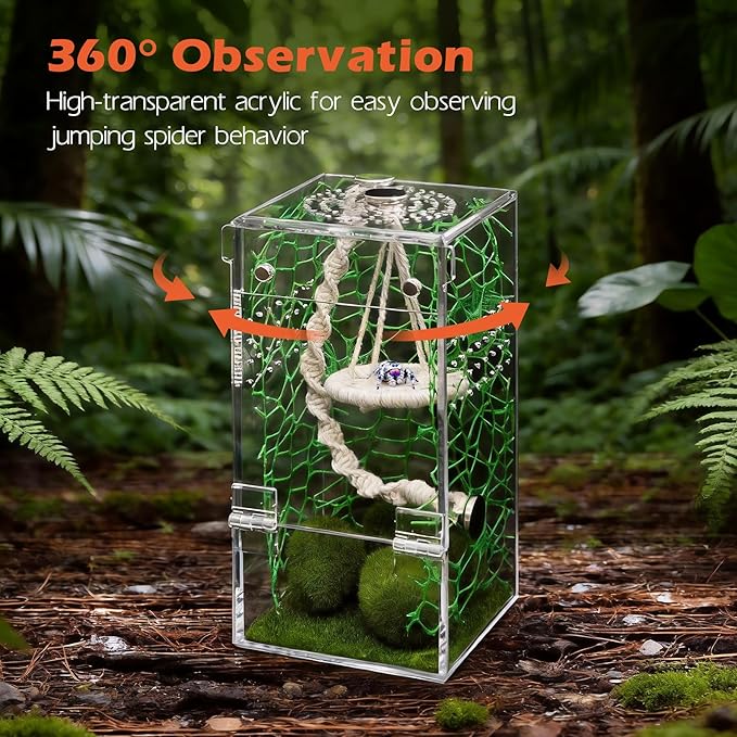AZV Jumping Spider Enclosure Kit,Escape Proof Praying Mantis Habitat,Magnetic Door Arboreal Tarantula Cribs Ventilation Spider House,Complete Transparent Acrylic Snail Cage,Reptile Tank Bug Terrarium