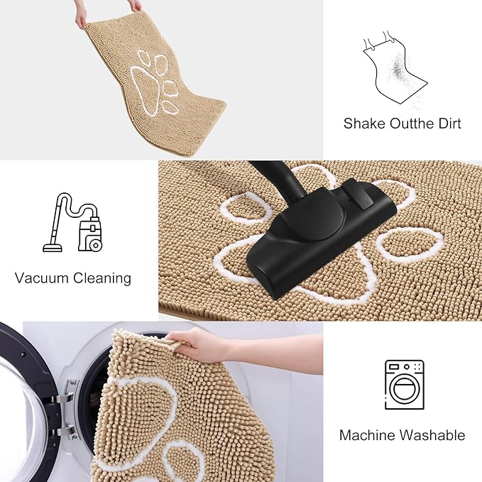 Smiry Dog Door Mat for Muddy Paws, Absorbent Dirt Trapper Non Slip Quick Dry Washable Chenille Mat for Mud Dogs, Entry Rug for Indoor and Outdoor (70x32 Inches, Beige and White)