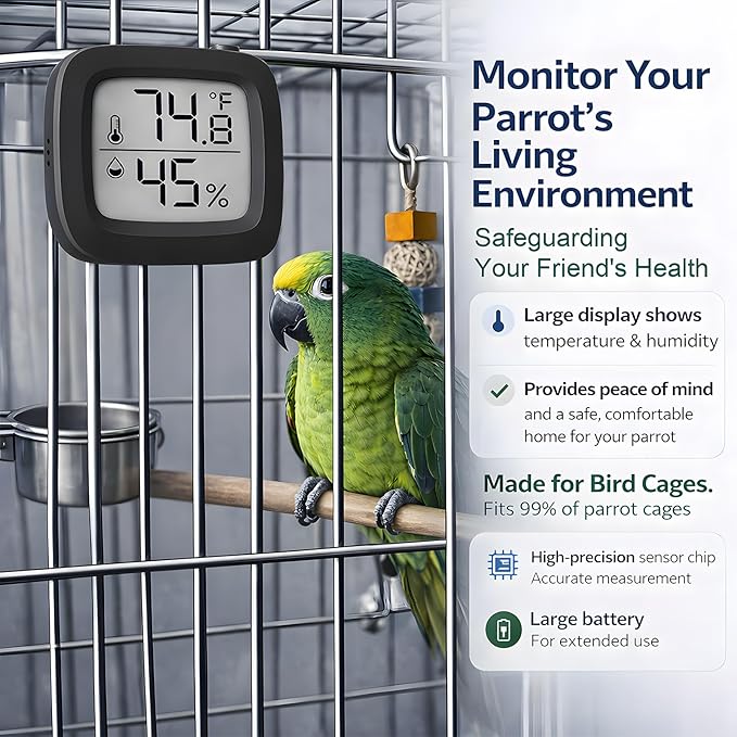 Bird Cage Thermometer,Parrot Cage Hygrometer,Pet Cage Temp Humidity Gauge,Easily Mounts on Cage,Clear Temp & Humidity,°F/°C Switch,for Bird,Hamsters,Rabbits,Guinea Pigs,and Other Pet Cages (Black)