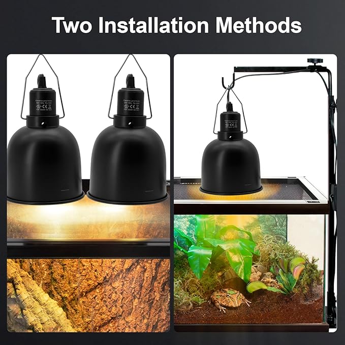 MECESOR Reptile Light Fixture, 2 Packs 5.5 Inch Deep Dome Lampshade Dimmable, Reptile Heat Lamp Fixture with Separate Switches Fit for UVB Bulb Basking Heat Bulb for Reptile Glass Terrariums