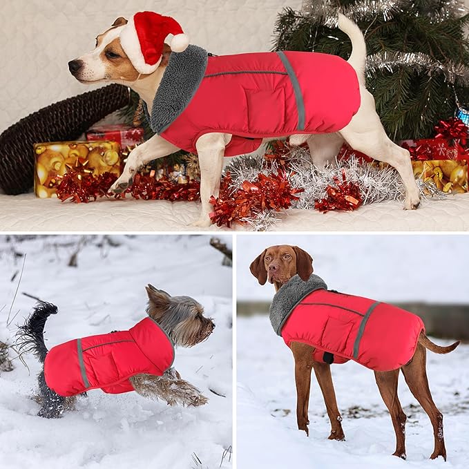 Dogcheer Warm Dog Coat, Christmas Dog Jacket Waterproof Puppy Winter Coat with Buckles, Reflective Adjustable Pet Snow Jacket Turtleneck Fleece Sweater for Small Medium Large Dogs - Red, L