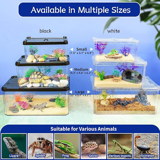 High-Transparency Reptile & Insect Enclosure Terrarium with Magnetic Door, Excellent Ventilation, Easy Cleaning, and Strong, Long-Lasting Build for Cricket,Frog,Gecko, Tarantula, Hermit Crab Black,7.5