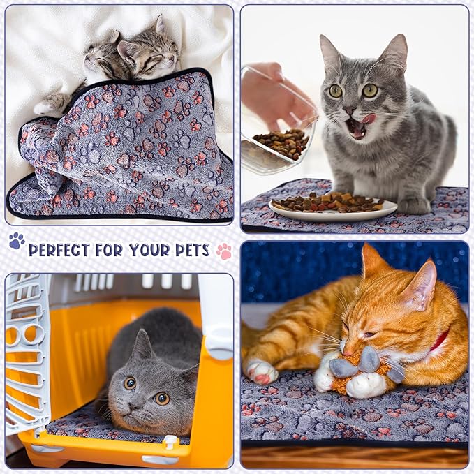 Tatuo 4 Pcs Dog Blanket for Pet Cat Blankets Indoor Puppy Teething Stuff Toys Paw Print Fleece Blanket Warm Sleep Mat for Guinea Pig Cage(Blue,Small(24 x 16 Inch),Square)