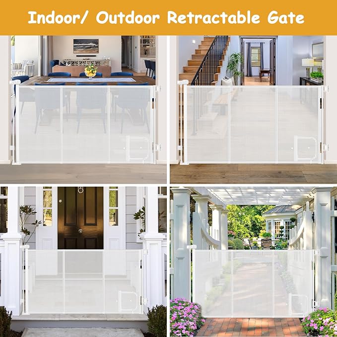 Reinforced 60” Wide Retractable Pet Gate with Cat Door Mesh Baby Gate for Stairs with Reinforced Strips Retractable Dog Gates with Cat Door Mesh Dog Gates for Doorways Separating Dogs from Cats, White