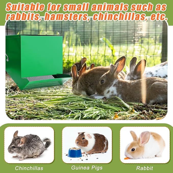 Maxcheck 2 Pcs Rabbit Feeder for Cages Small Animal Food Pellet Dispenser with Lid Metal Chicken Grit Oyster Shell Squirrel Feeders Outside(11.8 Inches,Mesh Bottom,Green)