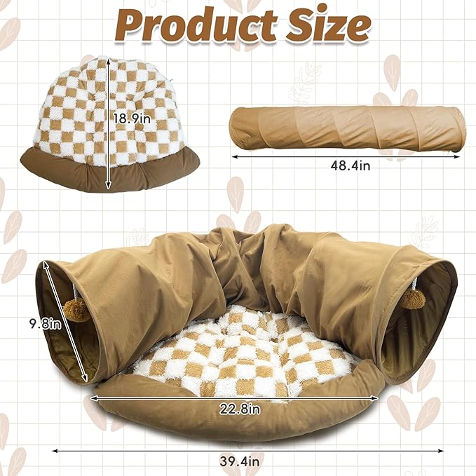 PINVNBY Large Bunny Tunnel Bed Removable and Cozy Guinea Pig Hideout Tunnel Washable Small Animal Tunnels Tube Toys Guinea Pig Accessories for Rabbit Chinchilla Hedgehog Ferret (Khaki)