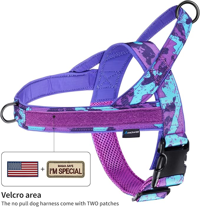 Annchwool No Pull Dog Harness with Padded Handle+5 Ft Leash,Escape Proof and Quick Fit to Adjust Dog Harness,Easy for Training Walking for Small & Medium and Large Dogs(Camo Purple Set,M)