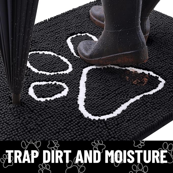 Smiry Dog Door Mat for Muddy Paws, Absorbent Dirt Trapper Non Slip Quick Dry Washable Chenille Mat for Mud Dogs, Entry Rug for Indoor and Outdoor (47x20 Inches, Black and White)