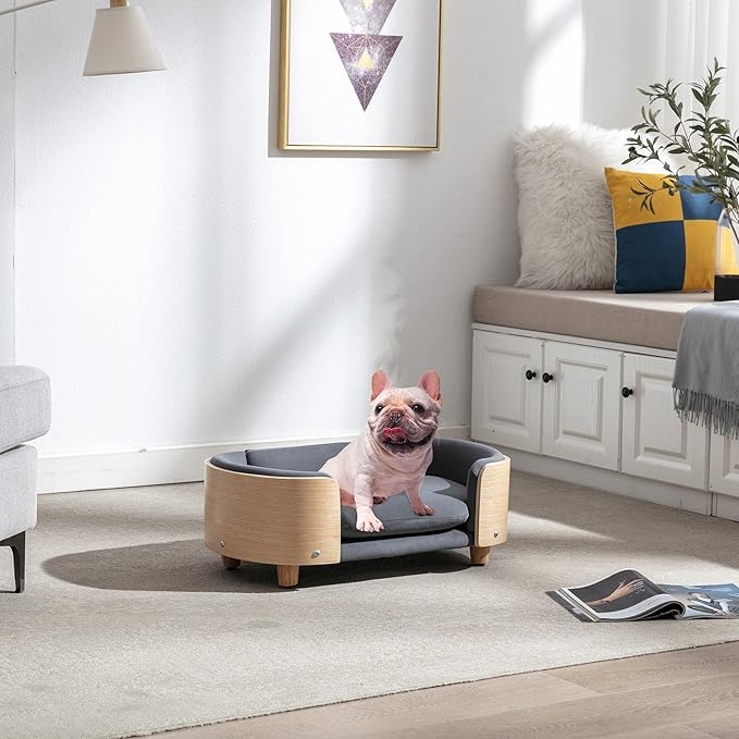 Scandinavian Style Elevated Dog Bed Pet Sofa with Solid Wood Legs and Bent Wood Back, Velvet Cushion, Small Size, Natural Frame & Dark Grey Cushion