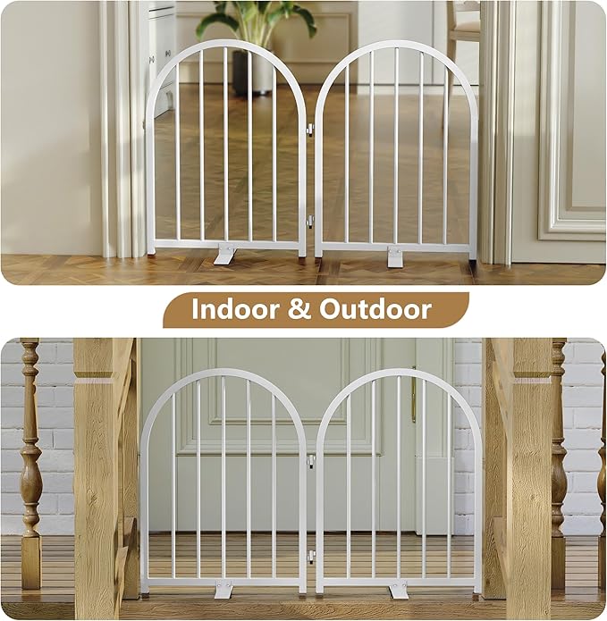 PUPETPO Full Metal Dog Gate for Indoor Outdoor, 24" Tall Free Standing Pet Dog Fence, 36" Wide Arched Pet Gates for Stairs, Hallways, Doorways, Kitchen, Decks, Yards (White, 2 Panels)